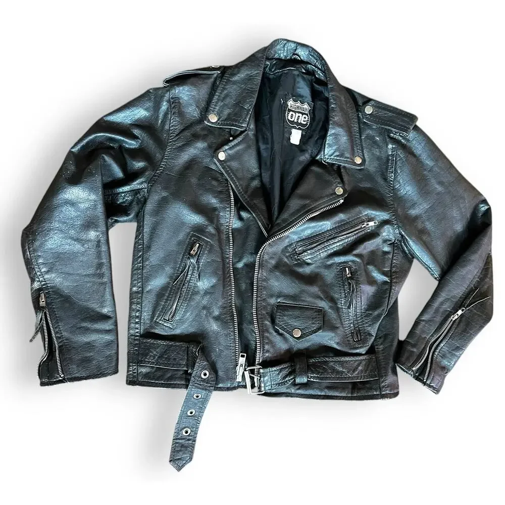 Vintage Highway One Motorcycle Black Moto Jacket M Oversized Belted Lined